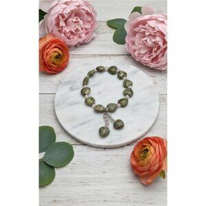 Green Serpentine Heart Bead Stretch Bracelet 6.5 in Rose Quartz Accent 11mm